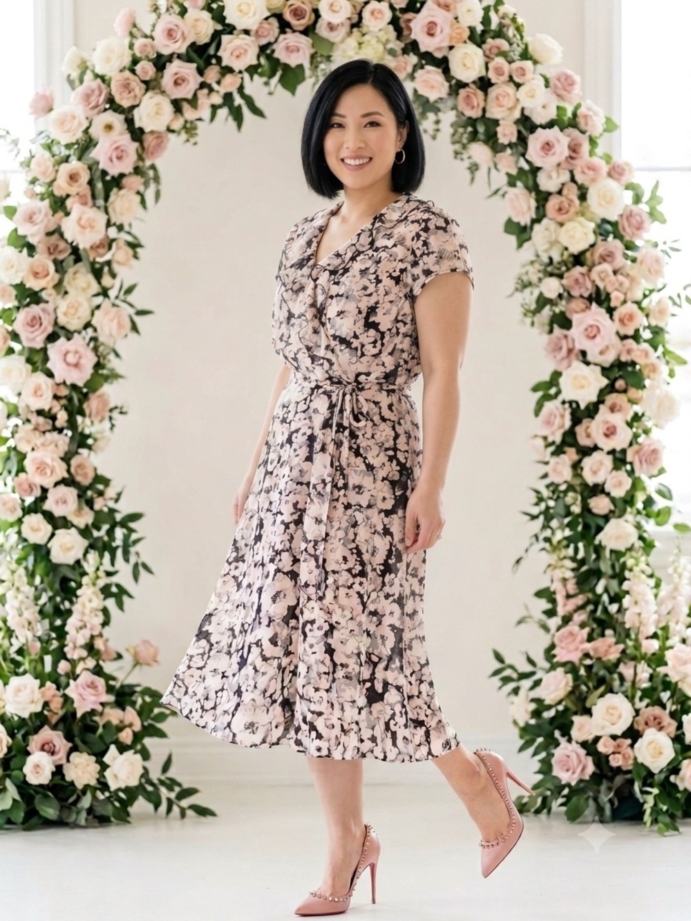 cleo💞Soft Blush Floral FLOWY Midi   with Separate Black Interior Dress Sz 14